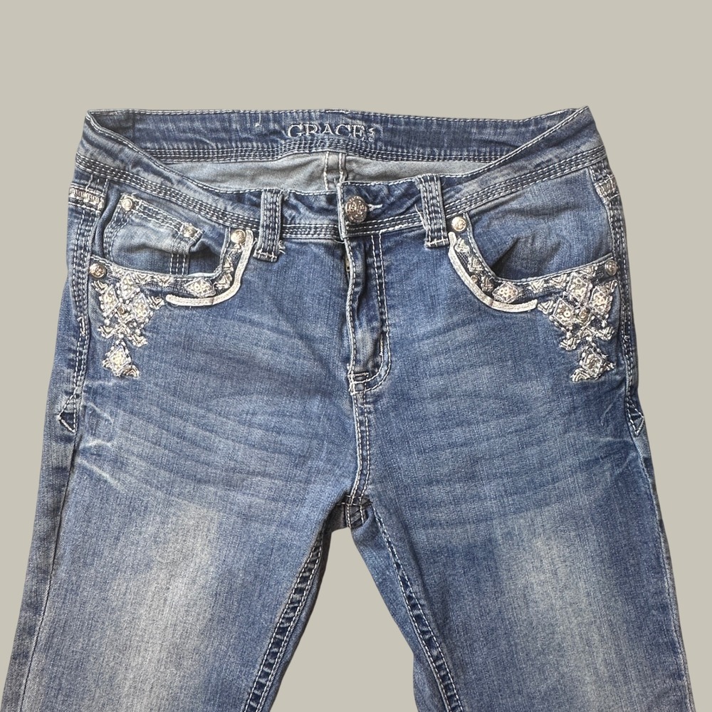 Grace in LA Jeans Womens 30 Bootcut Blue Embroidered Sequin Embellished Stretch